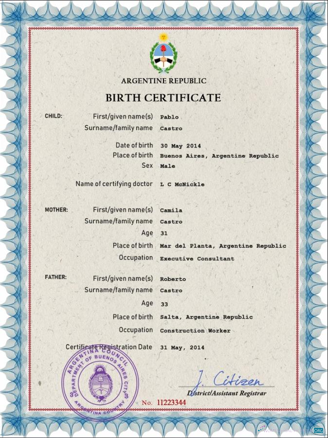 Download Argentina vital record birth certificate PSD template Photoshop template